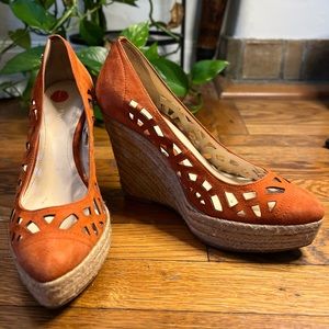 Calvin Klein Solid Burnt Orange Suede Viktoria Wedge Heel